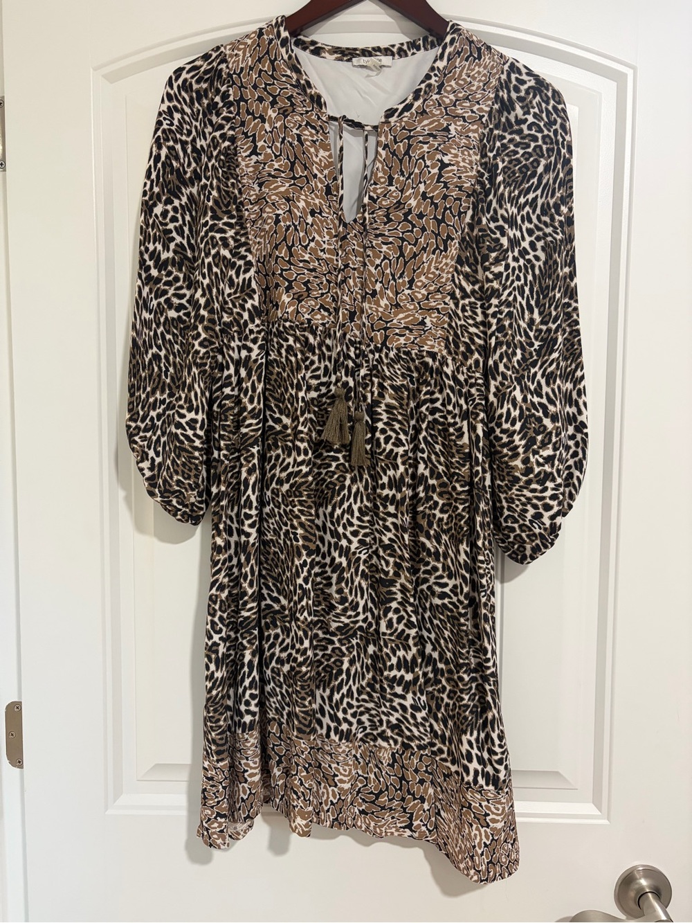 Tyler Boe Black Brown Leopard Print Peasant Tunic Dress
